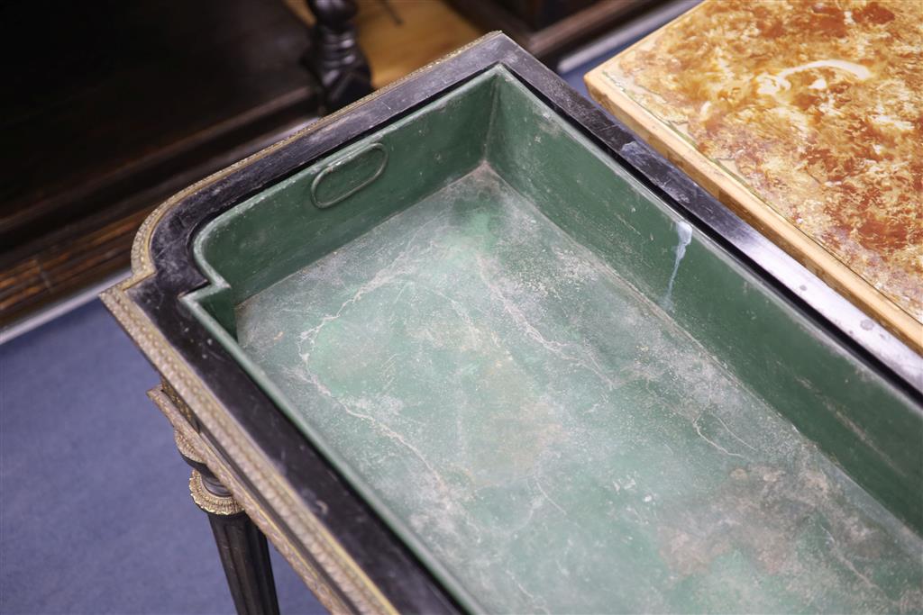 A 19th century French ebonised marble top jardiniere table, width 88cm, depth 48cm, height 86cm